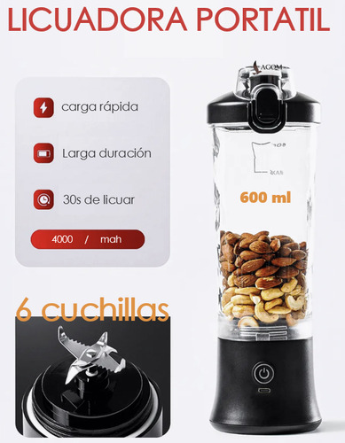 Licuadora Portátil Lagom A9 Black Mini Exprimidor Recargable