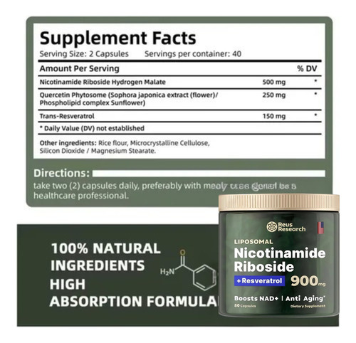 Nicotinamide Riboside Liposomal 900mg + Resveratrol Energía Sin Sabor