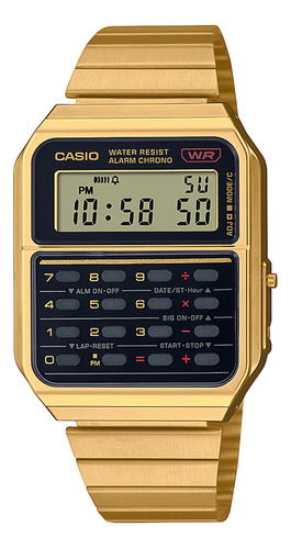 Reloj de pulsera Casio CA-500WEG-1ADF, digital, fondo negro, con correa de acero inoxidable color dorado, bisel color dorado y desplegable