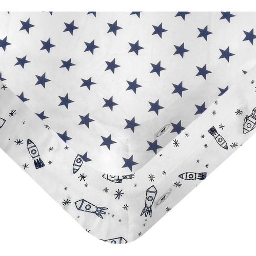 Set De 2 Sábanas De Cajón Para Colecho/corral (74x110) Azul Marino Cohetes/estrellas
