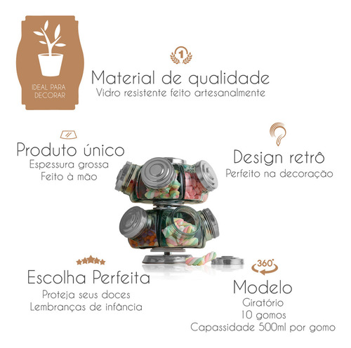 Baleiro Duplo Giratório Médio Vidro 10 Gomos Antigo Bala