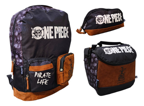 Kit Mochila Lonchera Lapicera One Piece Pirate Life Fotorama Negro Impresión
