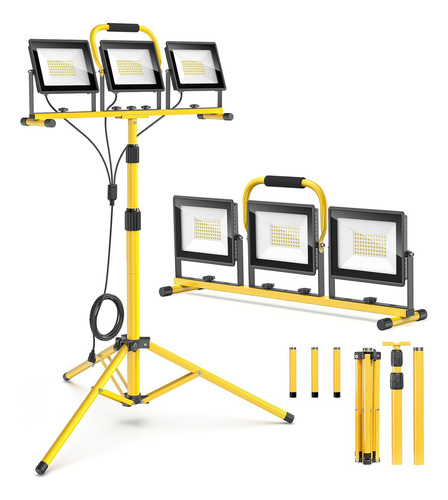Luz Led De Proyección Y Spot Impermeable Para Uso En Exteriores Tripie Con 3 Reflectores Led Portátiles Y Altura Ajustable Carcasa Amarillo Luz Blanco Frío