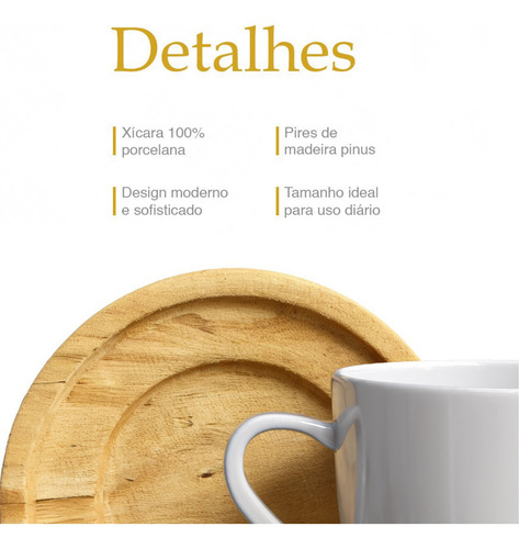 Jogo 6 Xicaras Porcelana Cafe Chá Com Pires Madeira 12 Peças