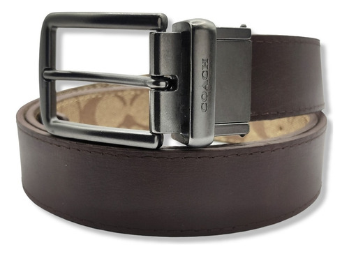 Cinturón Coach Reversible Doble Vista Unisex Beige Color Monogram Cafe/ Hebilla Clasica Talla S (100cm)