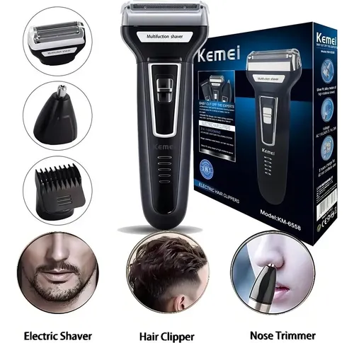 Barbeador Aparador Cortador Kemei 3 em 1 KM-6558 Recarregável Preto
