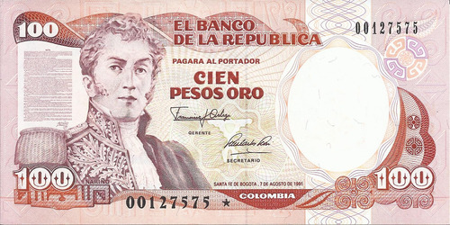 Colombia Reposición 100 Pesos Oro 7 Agosto 1991