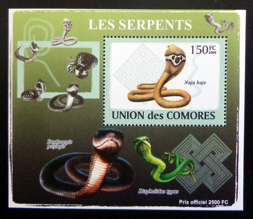 Comores Fauna, Bloque 1 Sello Serpientes 150fc 09 Mint L9326