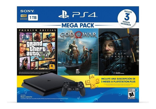 Sony PlayStation 4 Slim 1TB Mega Pack: Grand Theft Auto V Premium Edition/God of War/Death Stranding color  negro azabache