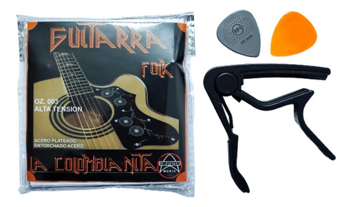 Capodastro Ozone Pinza + Encordado Guitarra Acero + 2 Picks