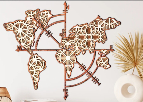 Cuadro Decorativo Mapa Mundo Brujula Mandala En Madera 