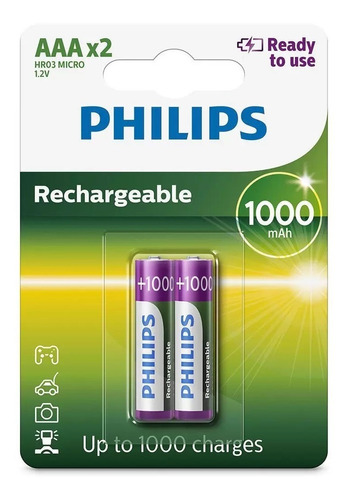 4 Pilhas Palito Aaa 1000mah Recarregável Philips Original