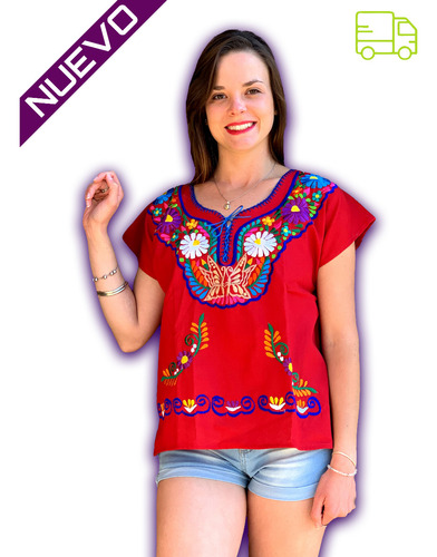 Linda Blusa Artesanal Bordada Quimona Muy Mexicana