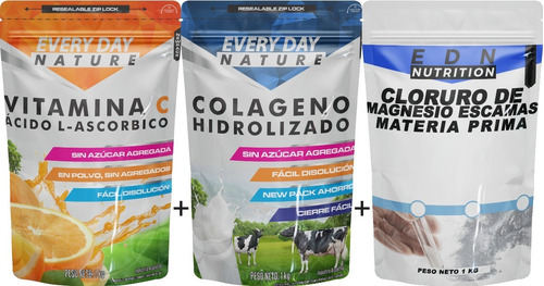 Colageno 1 Kg + Vitamina C 1 Kg + Cloruro Magnesio 1 Kg Edn