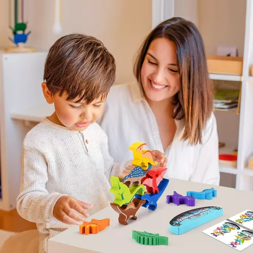  IPOURUP Juguetes de dinosaurio para niños de 3 a 5 años:  juguetes Montessori apilables de madera para niños de 3 a 7 años, juego de  competencia de equilibrio para la familia