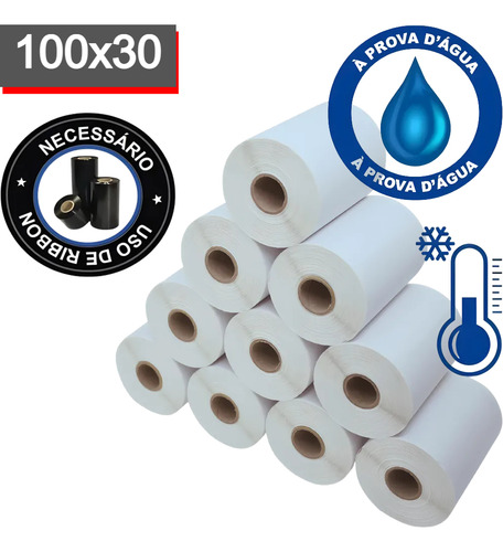 10 Rolos Etiqueta 100x30 Bopp Zebra Argox Elgin Cor Branco Fábrica das Etiquetas