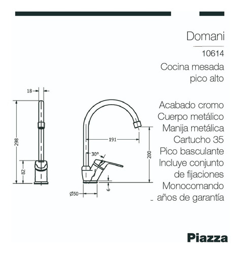 Imagen 2 de 5 de Grifo Cocina Monocomando Piazza Domani 10614 Mesada Cromo