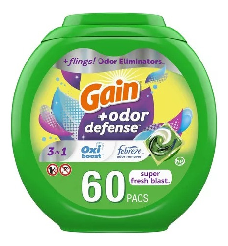 Detergente En Capsulas Gain, 3 En 1 Original, 60 Pacs