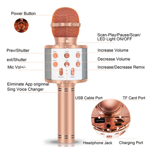 Karaoke Machine Winique For Kids Bluetooth W/ Led Rose Gold