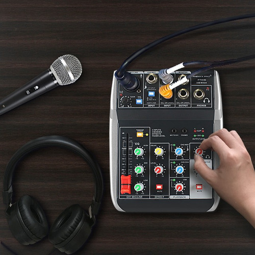 Mezcladora 4 Canales Mixer Audio Tarjeta Consola Sonido Profesional Bluetooth 4 entradas, ecualizador de 3 bandas, efectos de eco, con micrófono dinámico, auriculares estéreo y cable XLR, para transmi