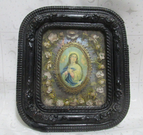 Antiguo Cuadro Virgen Pintada A Mano Madera Estucada Cristal