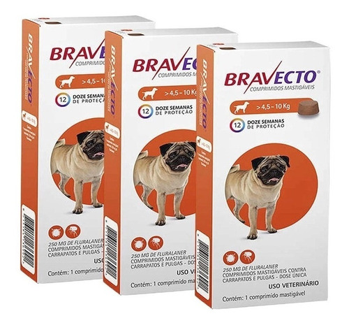 Kit Com 3 Antipulgas Bravecto Cães De 4,5 A 10 Kg - 250 Mg