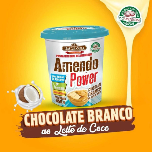 Pasta de Amendoim Integral Chocolate Branco ao Leite de Coco DaColônia Amendo Power Pote 450g