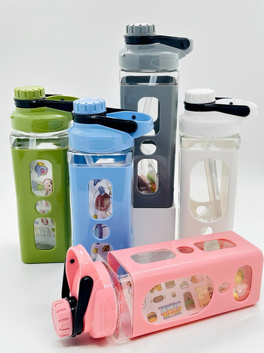 Garrafa Garrafinha Colorida Fitness C/ Figurinhas 870 Ml Cor Rosa
