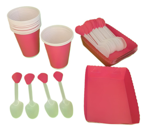 Kit Vasos+bandejas+cubiertos Unicolor Fucsia 24inv.