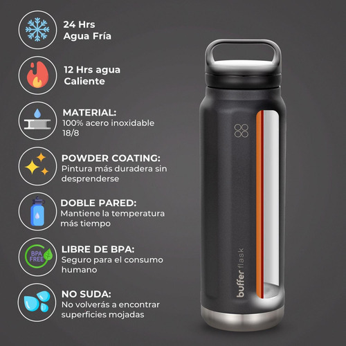 Termo Botella Agua Termica Acero Inoxidable Buffer 700 ml + Tapas 700ml