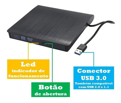 Imagem 4 de 9 de Leitor & Gravador Cd Dvd Drive Externo Usb 3.0 Slim 5gbps