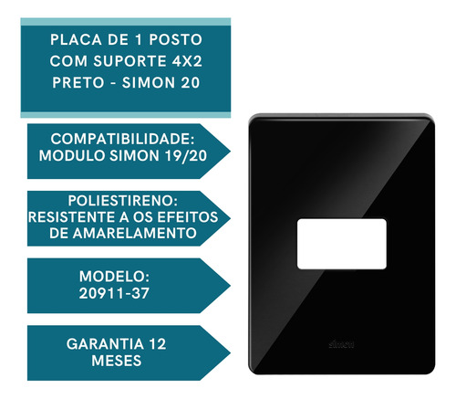 Placa De 1 Posto Com Suporte 4x2 Grafite Simon 20