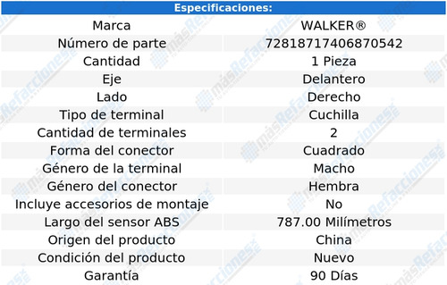 Sensor Abs Delantero Fusion V6 3.0l De 2011 A 2012 Walker