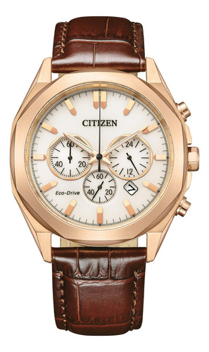 Reloj Citizen Ca459315a Hombre Eco Drive Cronógrafo Malla Marrón Bisel Bronce Fondo Blanco