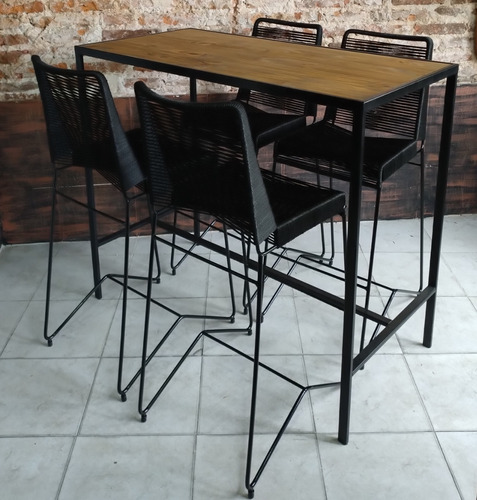 Imagen 3 de 4 de Mesa Barra 120x60 + 4 Taburetes Tulum Industrial Hierro