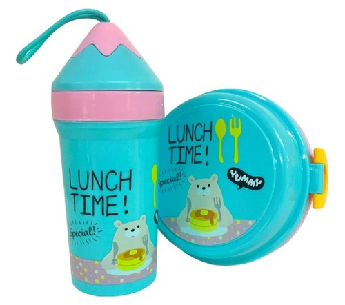 Set Vianda Lunchera 2 Niveles + Botella +cubiertos Infantil 