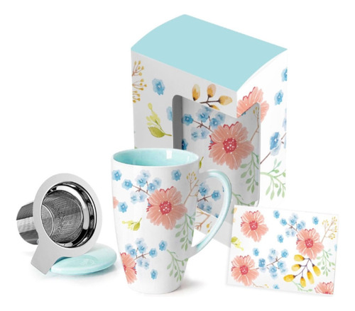 Set Taza Cerámica Floreada C/ Tapa E Infusor- Caja Y Tarjeta