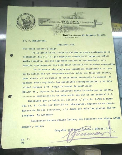 Antigua Carta Zacatlan Cia. Cervecera Toluca Y México 1912 