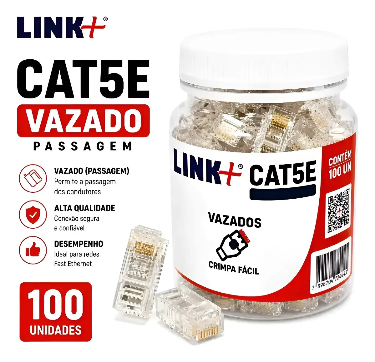 Conector RJ45 Vazado de passagem Cat5e Gigabite pote de 100 Peças Rede utp Lan - LINK+