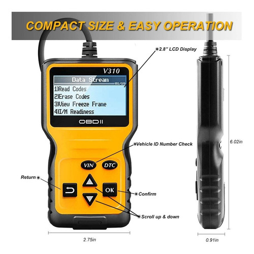 Imagen 5 de 8 de Escaner Lcd Automotriz Obd2 V310 Para Vehículo Desde 1996