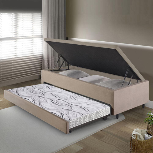 Bicama Box Com Baú Solteirão Suede 96x203 E Colchão Auxiliar Cor Bege