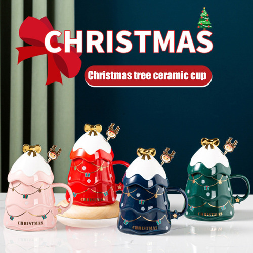 Juego De Tazas Navideñas Con Tapa Y Cuchara De Cerámica De 5