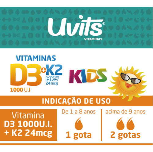 Vitamina Kids D3 E K2 Em Gotas 600 Doses 20ml - Uvits Sabor Sem Sabor