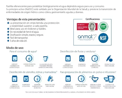 Pastillas Potabilizadoras De Agua Pyam 5 Litros 50 Unidades