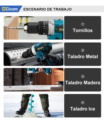 Taladro Percutor Atornillador Inalámbrico Mandril de 1/2'' con Asa Auxiliar 2Ah Gisam S3725 Color Azul