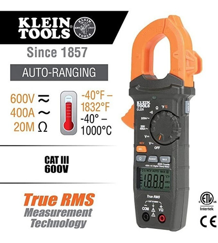 Imagen 4 de 8 de Multímetro D/gancho C/rango Auto. 400a Klein Tools Cl220