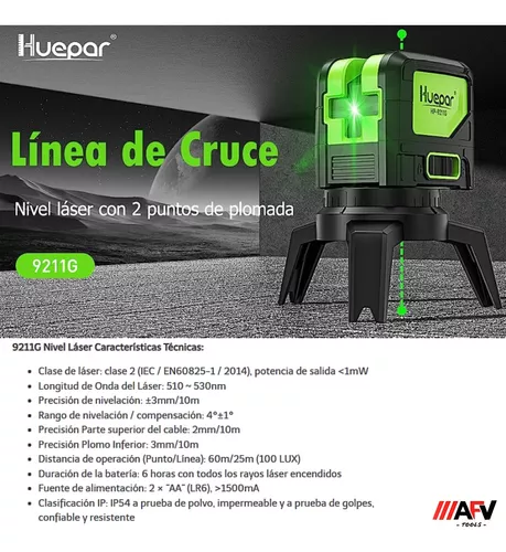 Nivel láser de línea cruzada con 2 puntos de plomada – Huepar M-9211G Green  Beam autonivelante línea vertical de 180 grados y línea horizontal con
