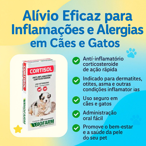 Cortisol C/20 Comp Tratamento Corticoide, Sarnas Cães E Gato
