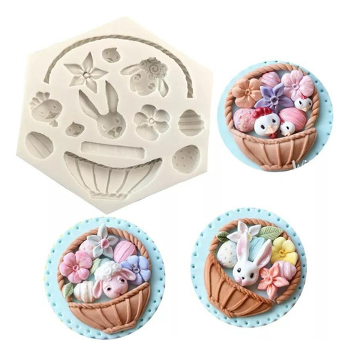 Molde De Silicón Repostería Pascua Conejo Canasta Huevos