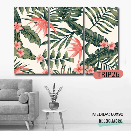 Imagen 6 de 10 de Cuadro Hojas Tríptico 60x90 Decorativo Modernos Tela Impresa